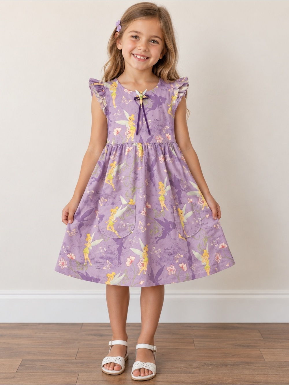 Girls' Lavender tinker bell Fairy Print Ruffle Sleeve Dress